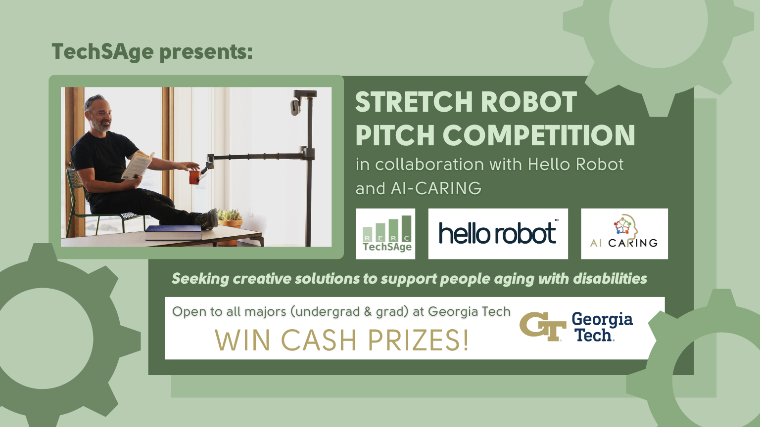 Stretch Robot Pitch Competition advertisement features competition details and an image that shows a robot passing a man a drink