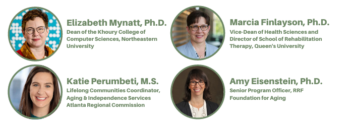 Image collage of the four plenary speakers at the TechSAge State of the Science Conference: Elizabeth Mynatt, Ph.D., Marcia Finlayson, Ph.D., Katie Perumbeti, M.S., and Amy Eisenstein, Ph.D.
