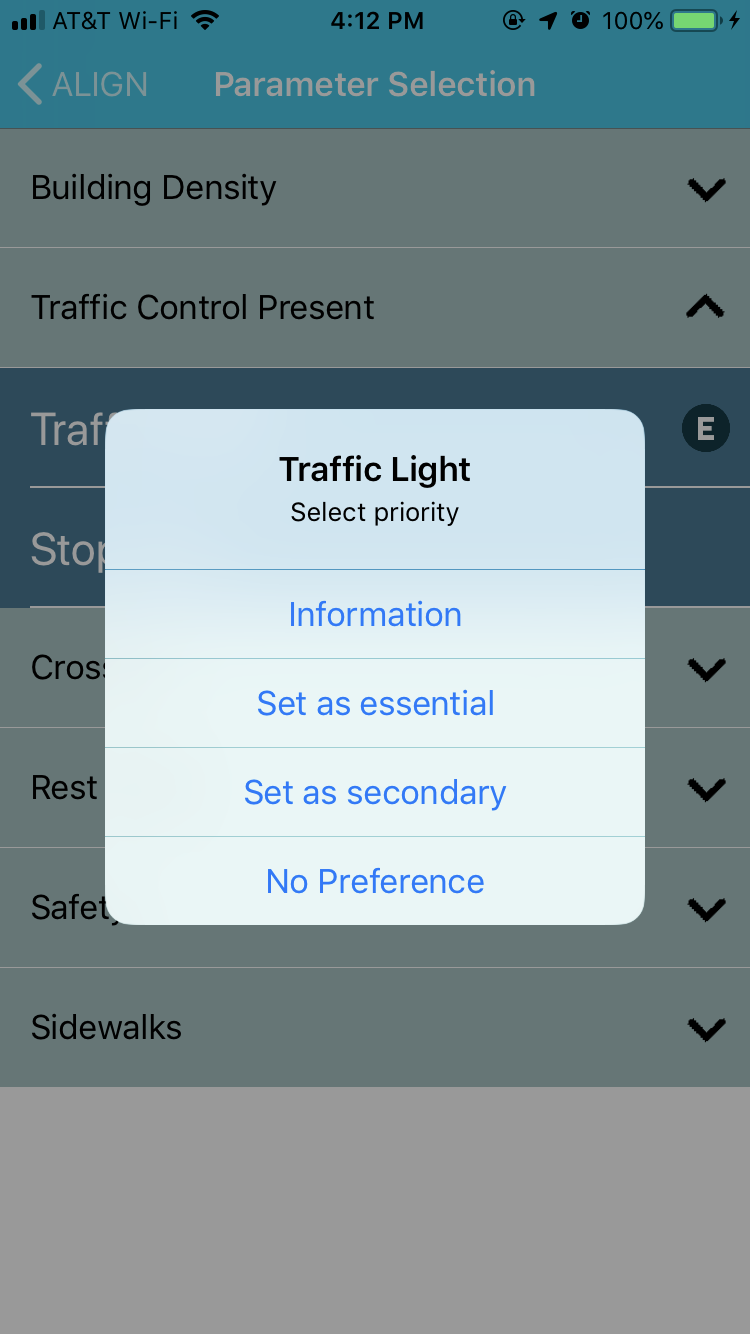 ALIGN app preferences selection screen